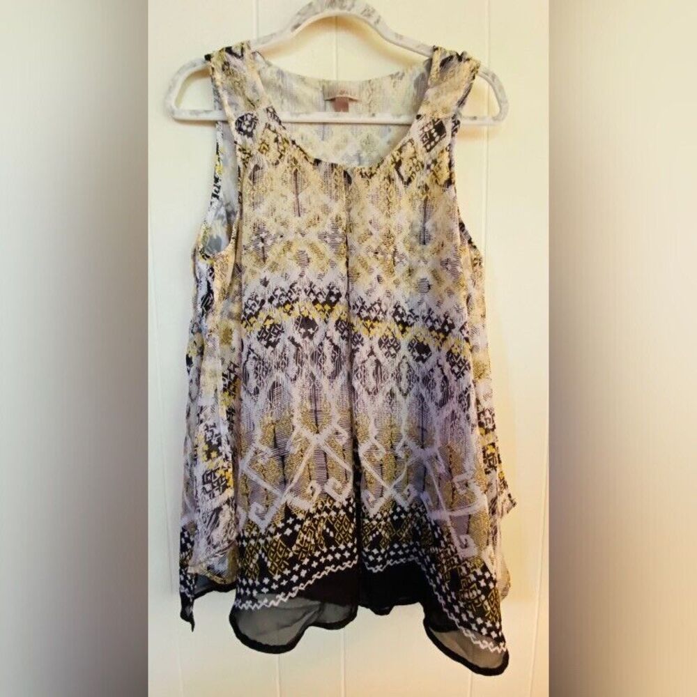 Roz & Ali Blouse Women’s Large Yellow Multicolor Asymmetrical Tunic Flare Boho